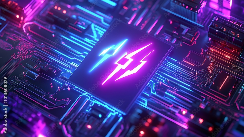 Poster a close-up of a glowing lightning bolt symbol on a futuristic circuit board.