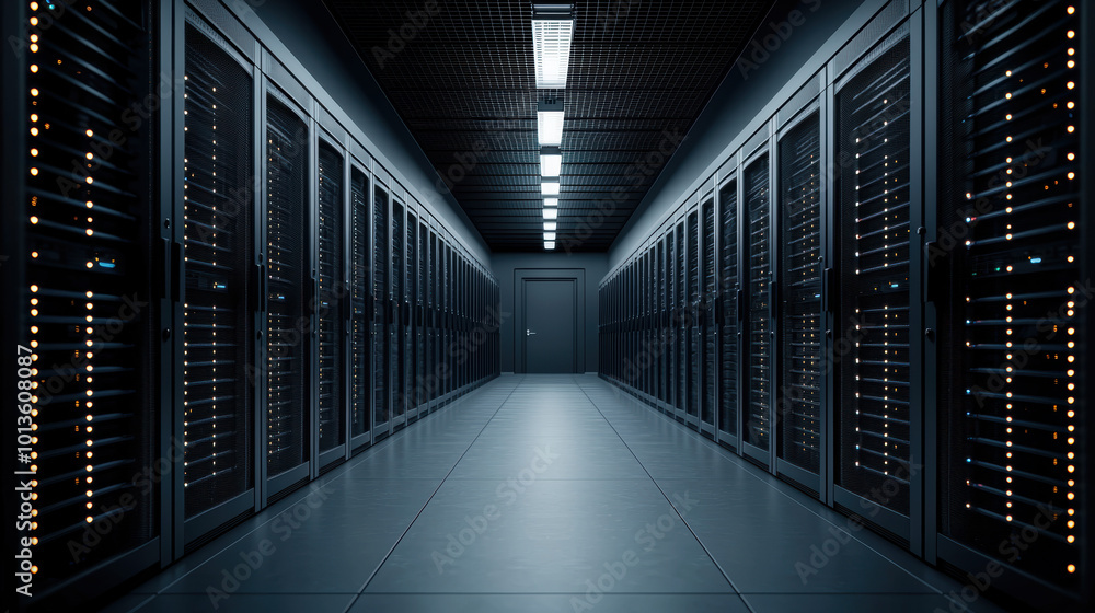 Poster modern server room with rows of data storage units and dim lighting.