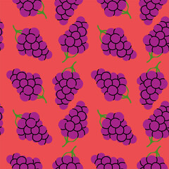 Vibrant purple grapes pattern on a bright red background showcasing fun textile design