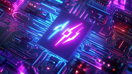 Obraz premium A close-up of a glowing lightning bolt symbol on a futuristic circuit board.