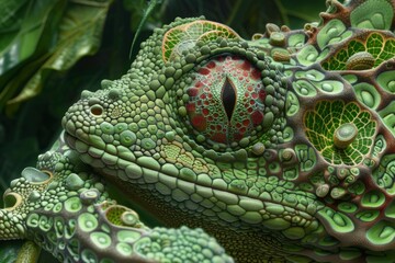Fototapeta premium Close-up of a highly detailed green reptile with intricate patterns on its skin and a vivid, textured eye. Macro shot of lizard scales and eye design. Generative AI