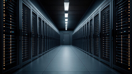 Fototapeta premium Modern server room with rows of data storage units and dim lighting.