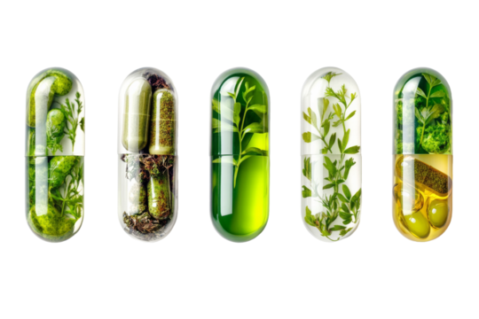 Capsules with visible plant extracts, arranged in a nature-inspired composition, isolated on background.