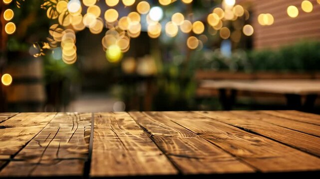 A wooden table sits under string lights in an outdoor setting