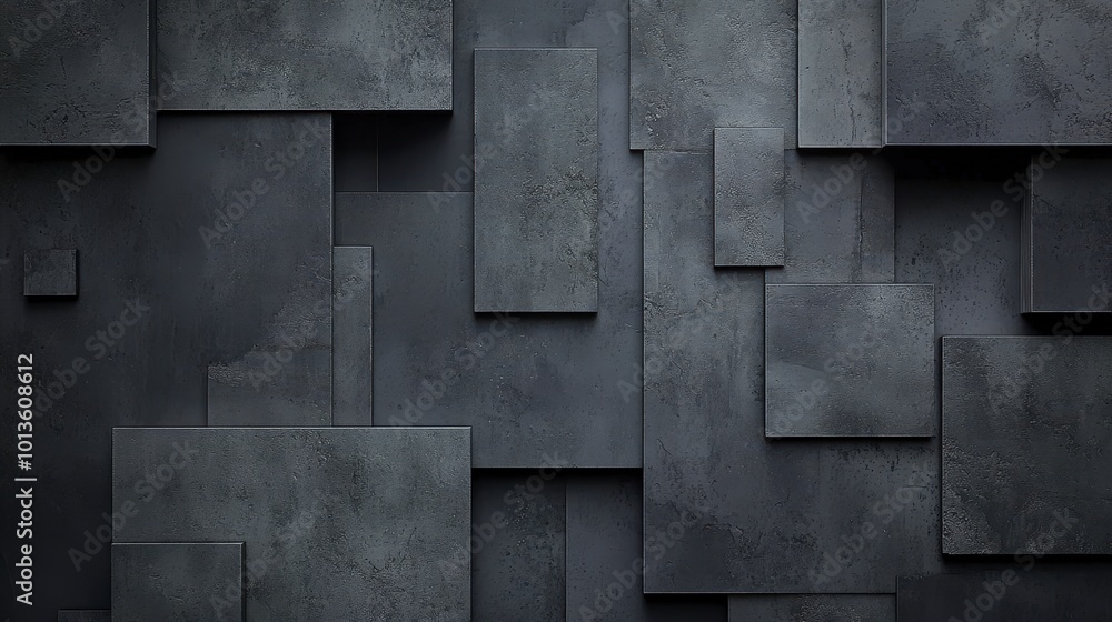 Poster abstract arrangement of dark geometric rectangular panels in varying sizes