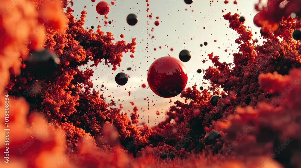 Poster a large red sphere descending through a field of red and black spheres