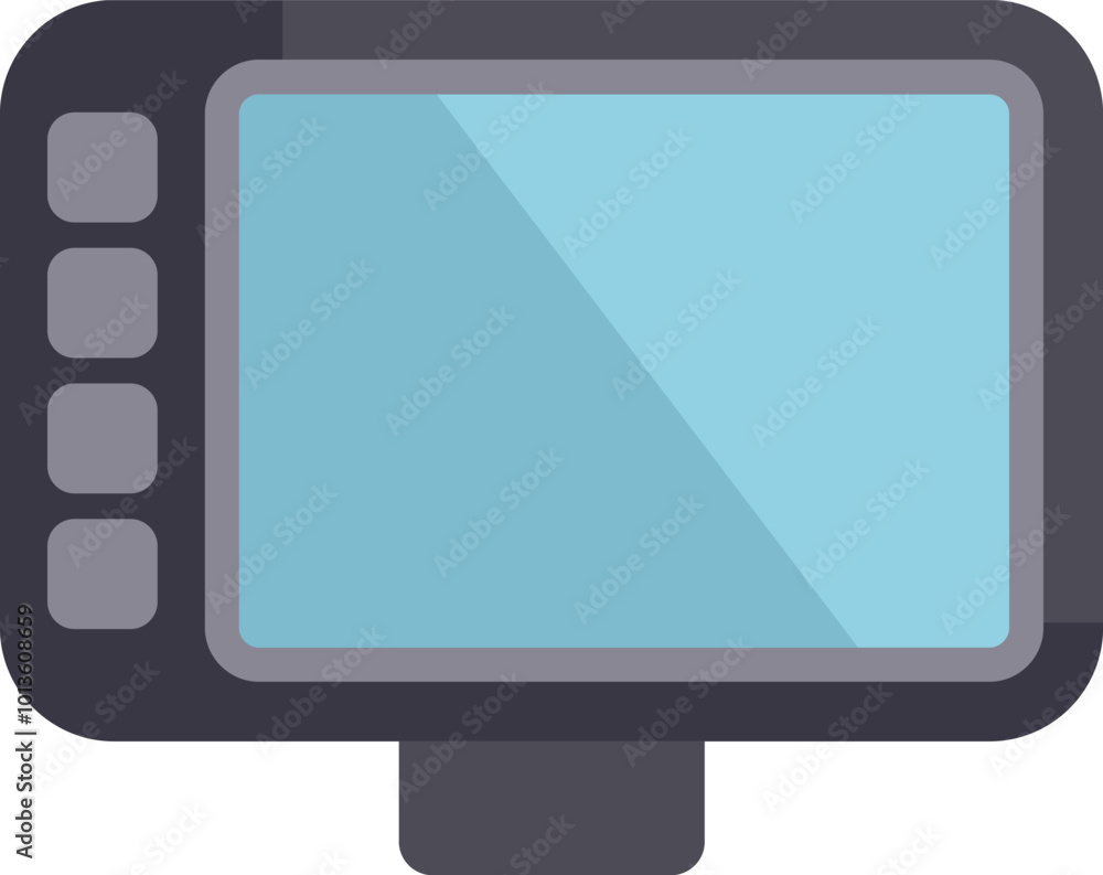 Poster car navigator device showing gps location on screen with buttons on side for menu control