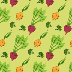 Colorful vegetable pattern showcasing radishes, onions, and broccoli on a soft green background