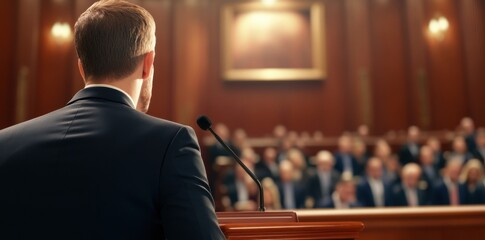 Fototapeta premium A lawyer is presenting a case in front of blurred figures in a courtroom setting