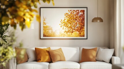 A cozy living room with autumn-themed artwork and warm decor.