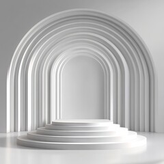 White podium with arch in the white room. 3D illustration.