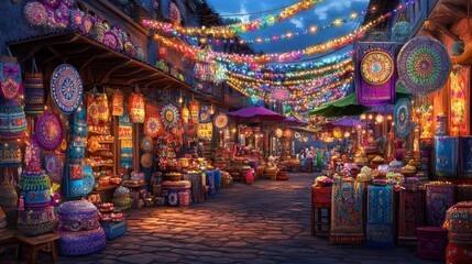 Obraz premium Colorful market scene with vibrant lanterns and intricate tapestries at night