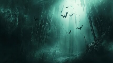 Fototapeta premium A mysterious cave with bats flying through green-tinted light