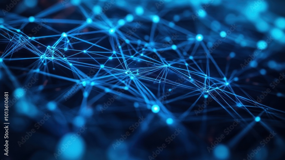 Poster abstract representation of interconnected nodes and lines, symbolizing data networks and technology.