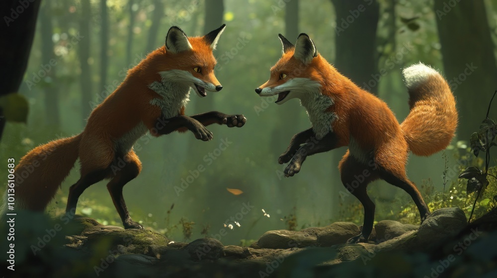 Poster Two Red Foxes Playing in a Sun-Dappled Forest