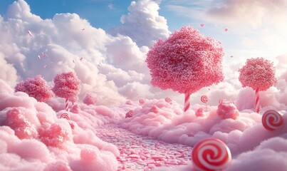 Whimsical candy landscape with pink lollipop trees, surrounded by candy-shaped mounds under a cloudy sky, fantasy world.  Generative Generative AI