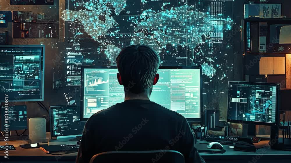 Poster A person sits in front of a computer screen, looking at a map of the world with glowing lights representing connections