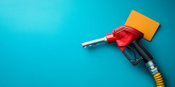 Credit card and fuel hose gas station on empty blue background, Generative AI