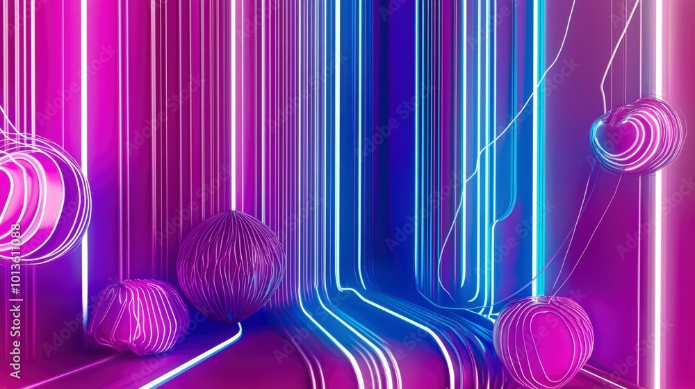 Poster abstract 3d render with neon lights and geometric shapes