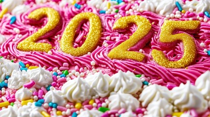Obraz premium Vibrant cake with golden numbers and colorful decorations celebrating the year 2025