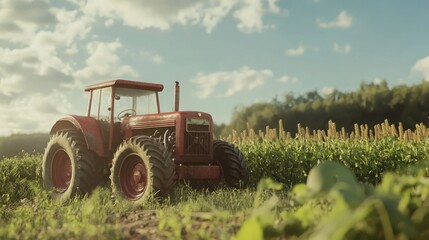 Obraz premium Red Tractor Parked in a Field of Green Crops