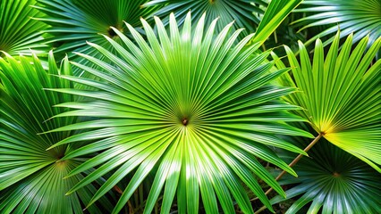 Obraz premium Vibrant exotic star palm leaves shimmer in the light, showcasing their lustrous shiny green hues, with delicate leaflets unfolding from a sturdy central stem.