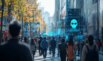 Elevated Security Camera Surveillance Footage of a Crowd of People Walking on Busy Urban City Streets. CCTV AI Facial Recognition Big Data Analysis Interface Scanning, Showing Personal