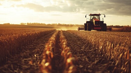 Obraz premium Red Tractor Harvesting in a Golden Field at Sunset