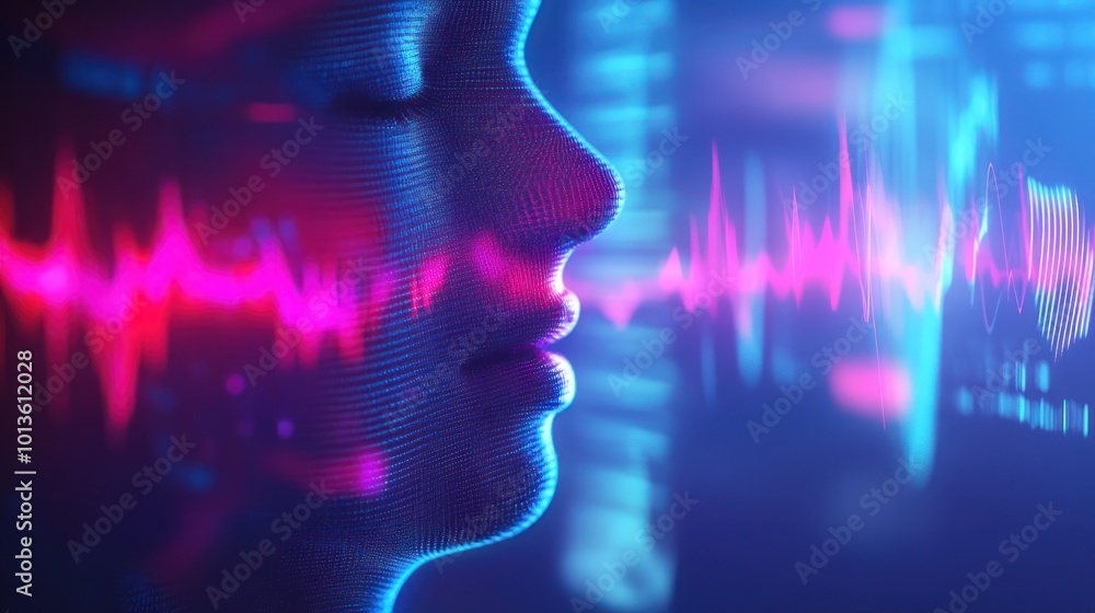 Poster abstract representation of a digital face with sound waves, symbolizing technology and communication