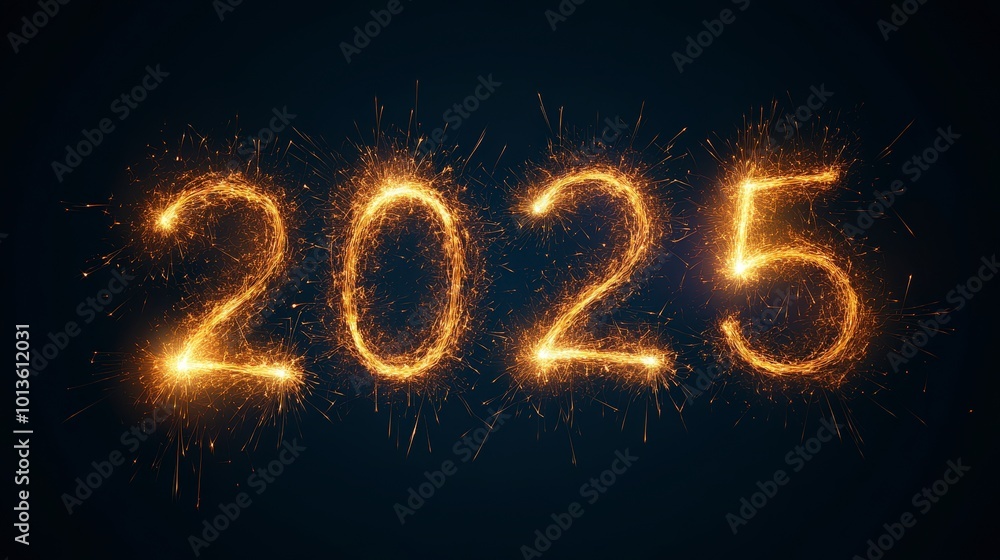 Poster sparkling fireworks display forming the numbers 2025 on a dark background