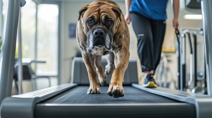 A Bullmastiff is exercising on a treadmill during a veterinary rehabilitation session to improve fitness and boost muscle strength