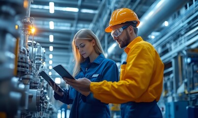 Factory Digitalization: Two Industrial Engineers Use Tablet Computer, Visualize the Wall of Big Data Statistics, Optimization of High-Tech Electronics