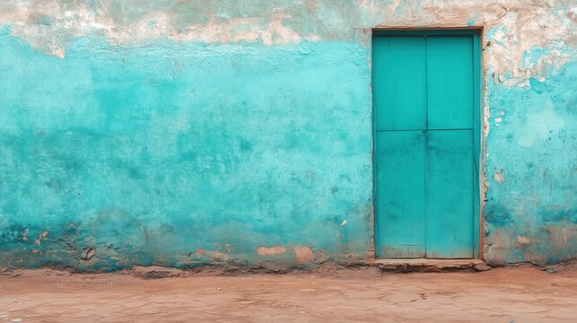Time-worn turquoise wall features a closed teal door, capturing rustic charm and durability.