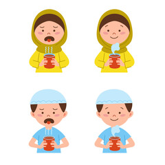 
A group of muslim children whose tongues burn from hot drinks and children who are happy because of warm drinks