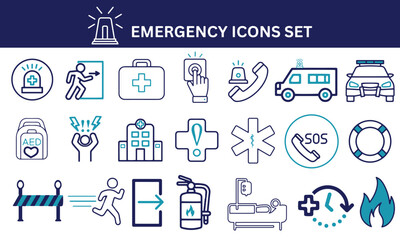 Emergency icon set. Ambulance, first aid, alarm button, police, panic attack, lifebuoy, vector illustration.