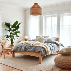 A well-lit bedroom featuring large windows, wooden furniture, and a plant, creating a cozy and natural atmosphere