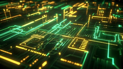 Abstract digital circuit board with glowing neon green and yellow lines