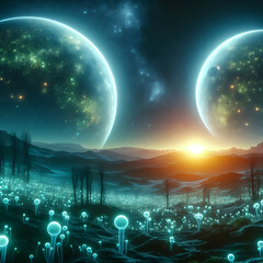 Alien Twin Moons Rise Over Glowing Landscape