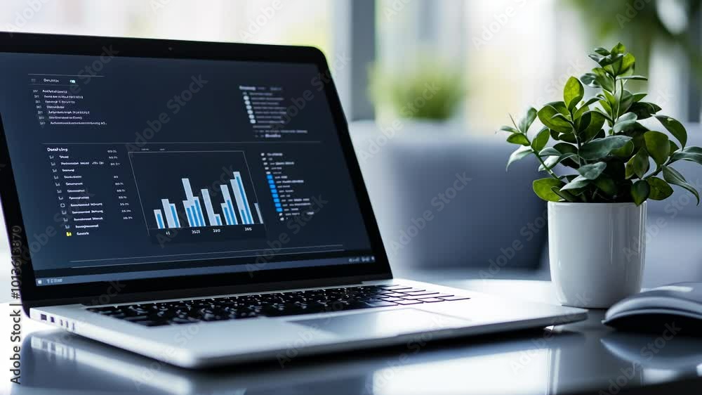 Poster a laptop with a graph displayed on the screen sits on a desk with a small plant and a mouse