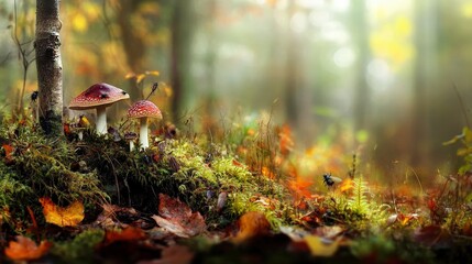 Enchanting forest scene with mushrooms and soft autumn sunlight