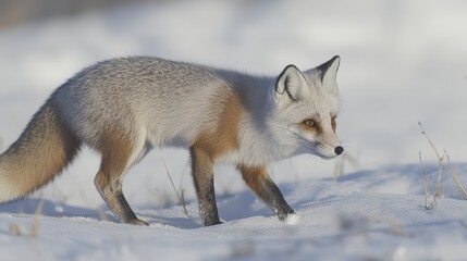 Fototapeta premium A fox walking through the snow during a winter day