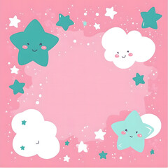 Pink background design with teal and white stars, clouds, banner template design, vector illustration design, flat design, cute style, simple shapes