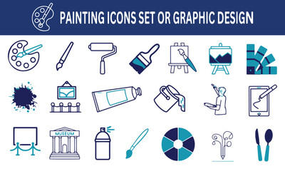 Graphic design or painting icon set. Paintbrush, art work, art gallery, palette, artist, museum, painter, Vector illustration.