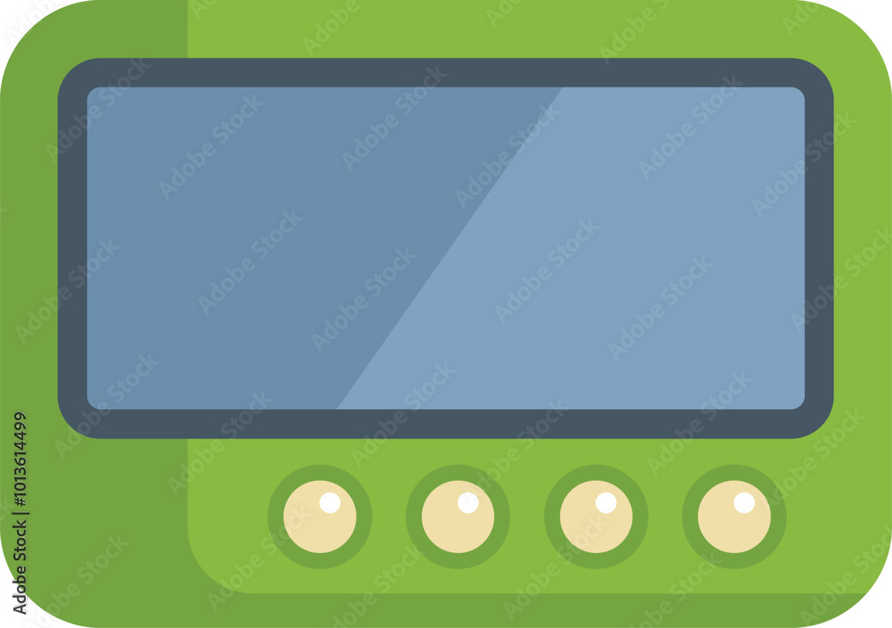 Poster green digital audio player showing blank screen with buttons, isolated on white background