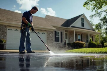 A man cleans the driveway in front of his house.