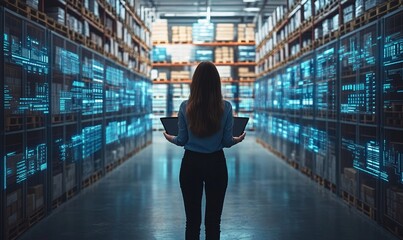 3D Graphics Concept: Big Data Center Female Chief Technology Officer Using Laptop Standing In Warehouse, Activates Servers, Information Digitalization
