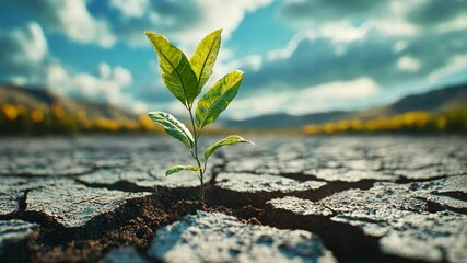 A small plant pushes through dry, cracked earth under a cloudy sky