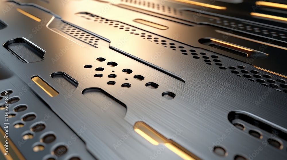 Poster futuristic metallic surface with abstract geometric patterns and lighting effects
