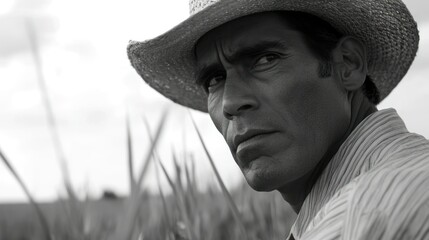 Close-up portrait of a man wearing a straw hat