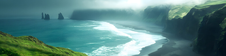 Naklejka premium Morgennebel am Meer: Mystische Küstenlandschaft mit Felsnadeln